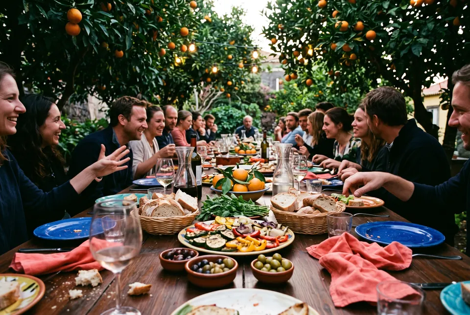 Eine lange Tafel unter Orangenbäumen mit Lichterketten