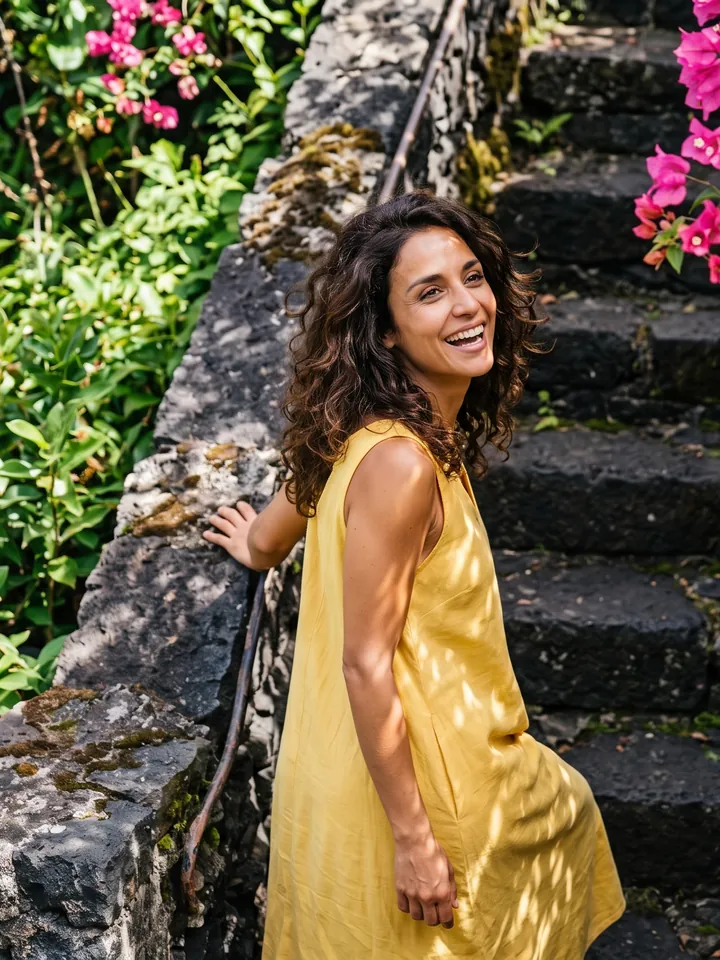 Alma in einem gelben Kleid vor pinker Bougainvillea