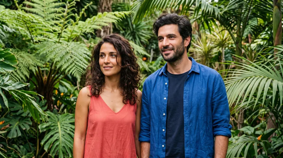 Alma in Korallrot und Niko in Blau lächeln zwischen Farnen und Palmen