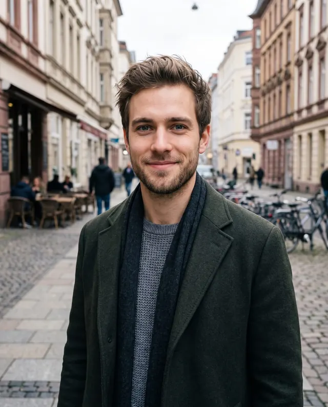 Jonas lächelt in einer Kölner Gasse