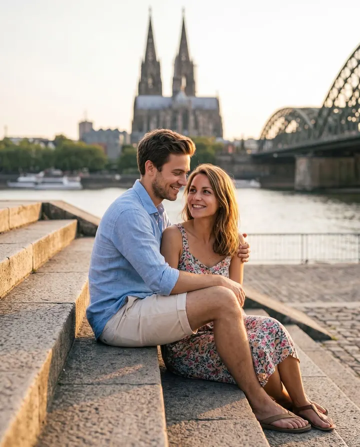 Lena und Jonas sitzen im Abendlicht auf den Stufen am Rhein, hinter ihnen der Kölner Dom