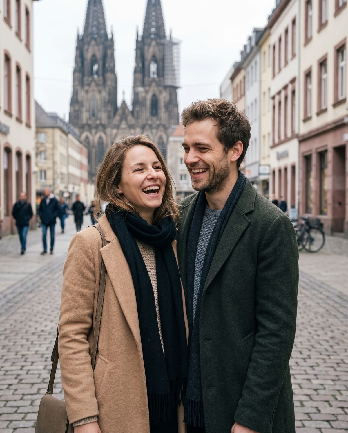 Lena und Jonas lachen gemeinsam, hinter ihnen der Kölner Dom