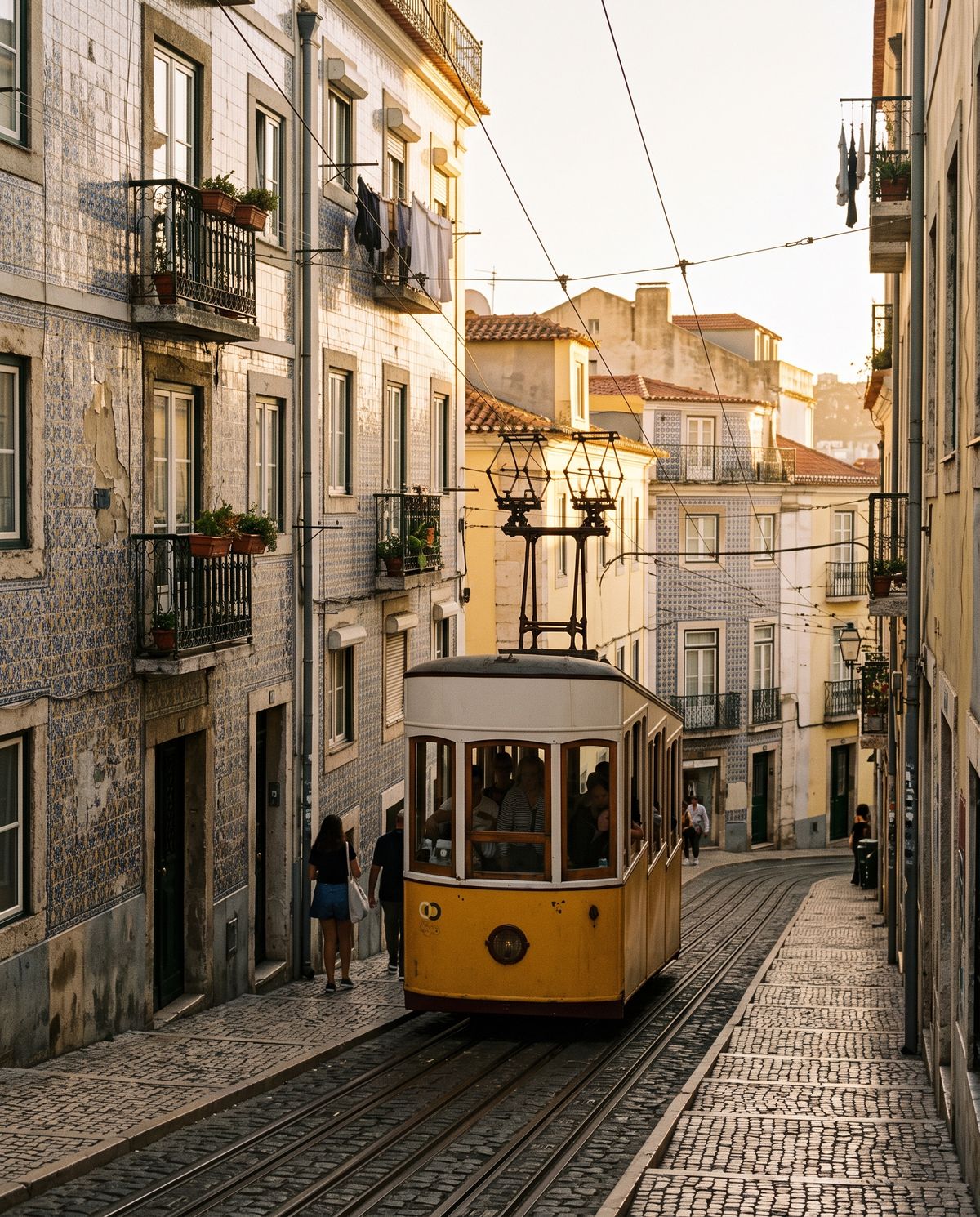 Gelbe Straßenbahn in einer steilen Gasse in Lissabon, Fassaden mit blauen Kacheln